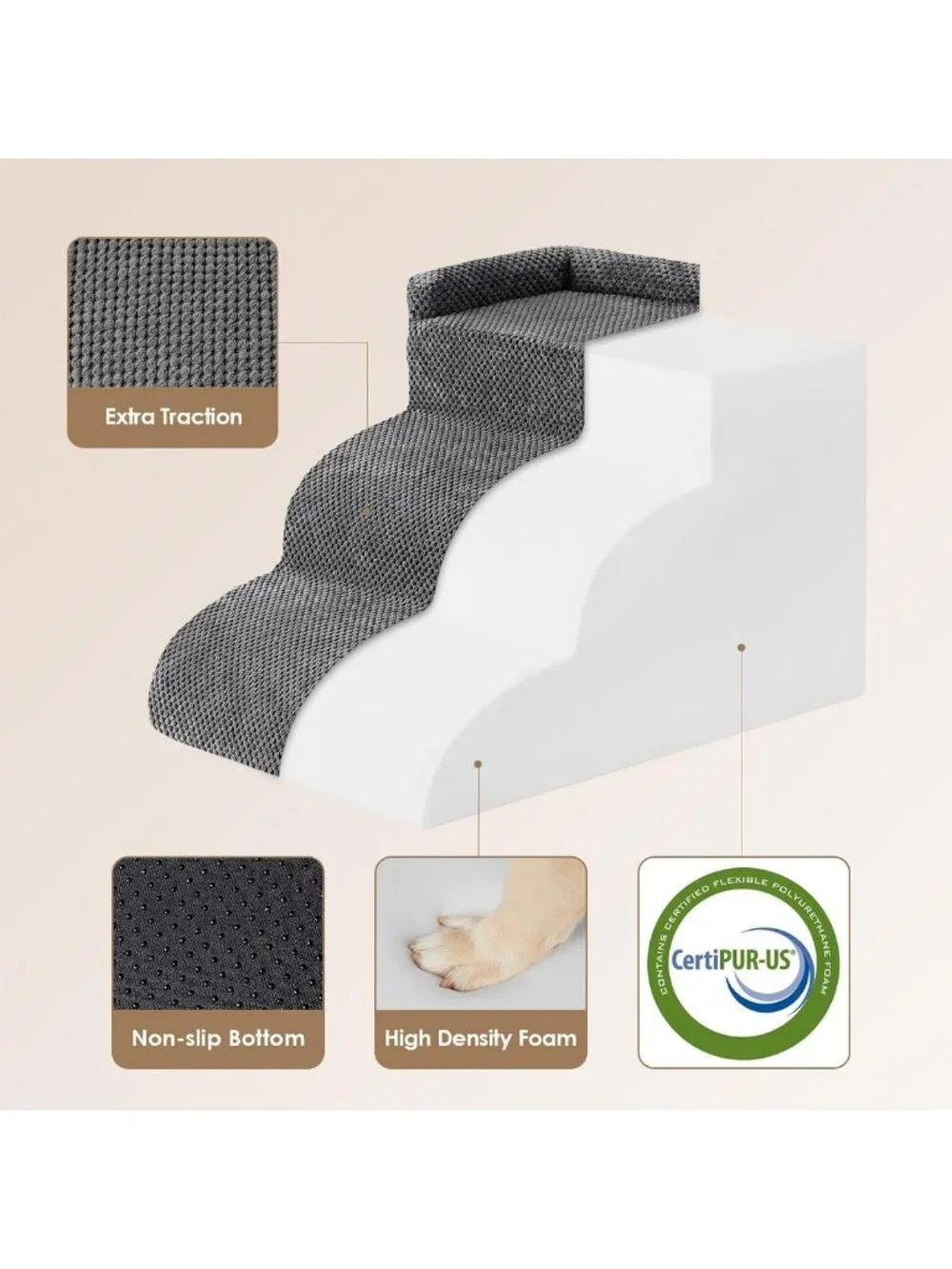 Curved 3-Step Dog Stairs for Couch, Pet Ramp for Small Dogs, Grey 14